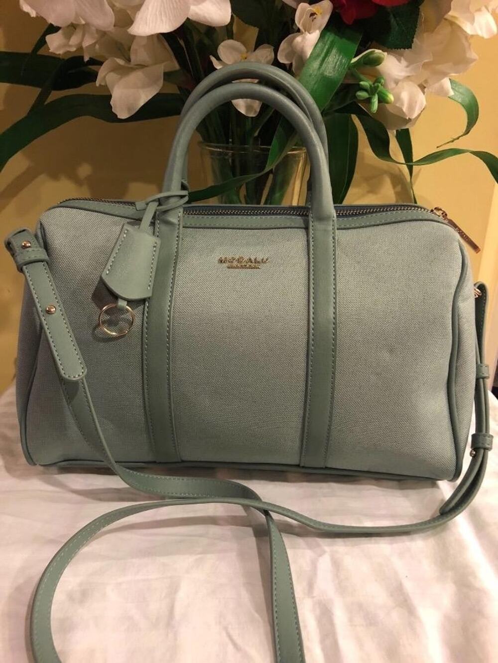 MODALU LONDON fabric leather baby blue satchel dr bag purse (pu160